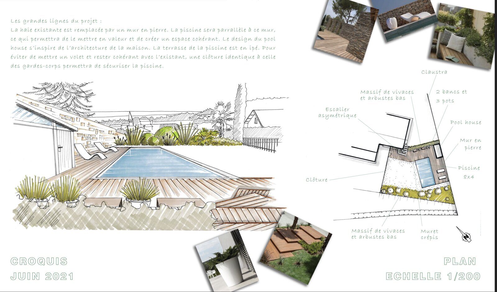 Croquis de conception - Pool house contemporain, mur en pierre