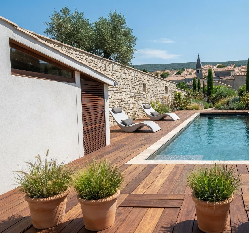 Réalisation - Pool house contemporain, mur en pierre