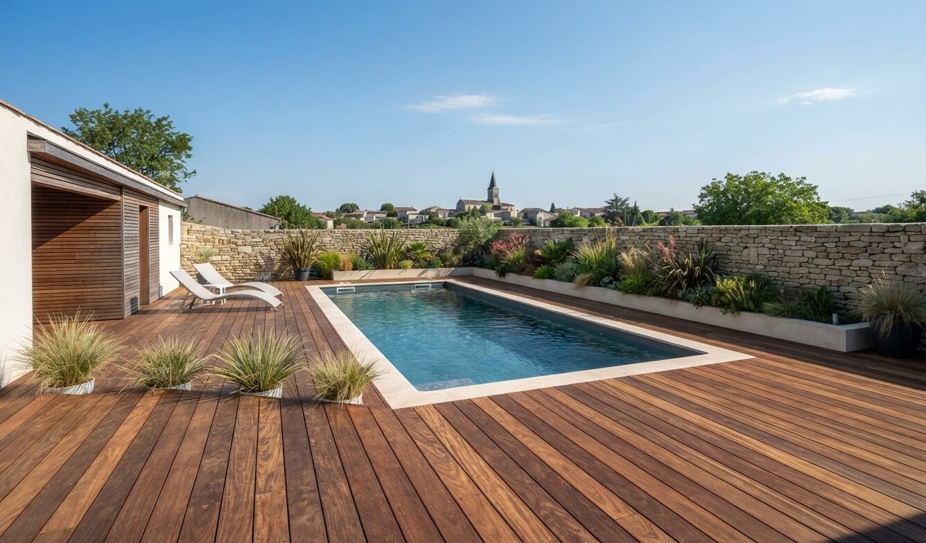 Réalisation - Pool house contemporain, mur en pierre