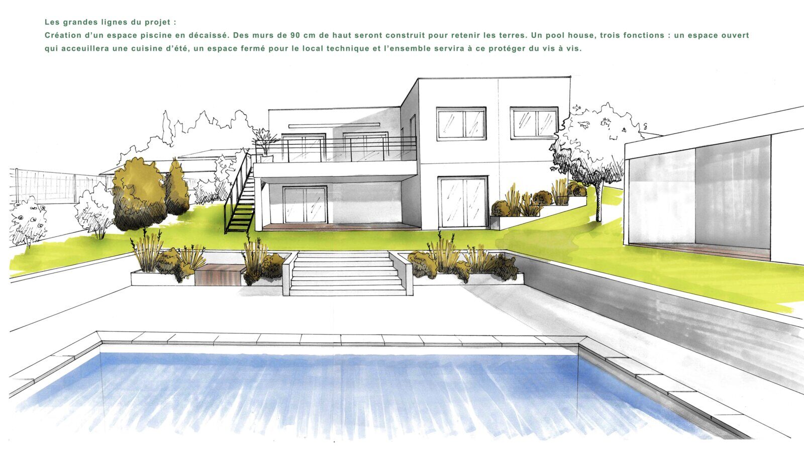 Croquis de conception - Villa contemporaine, piscine décaissée